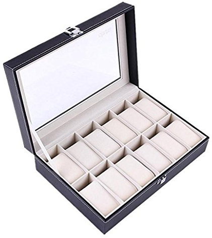 Black Faux Leather Watch Case Bracelet Jewellery Display Storage Box Tray Organiser (12 slot)