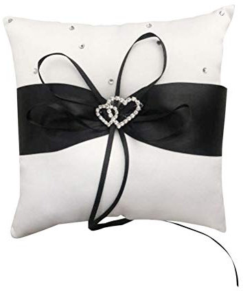 Amosfun Wedding Ring Pillow, White Ring Cushion Pillow With Black Ribbon, Square Wedding Ring Bearer Wedding Party Supplies (20x20cm)