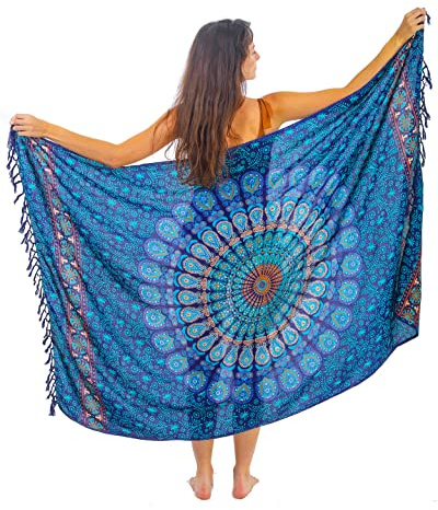 Pareo Da Spiaggia Donna Grande Lungo Frangia Blu Telo Sarong Xxl Bohemian Copricostumi Da Mare Bikibi Cover Up Sclarpa Gonna Decorazione Murale Arazzo Da Parete 180X120Cm Rayon Fatto In India