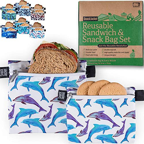 Reusable Sandwich & Snack Bags - by SnackJacket | Set of 2 | Eco Friendly Lunch Bags | 1 Tree Planted | Zero Waste Alternative to Plastic, Cling Film and Tin Foil. (Dolphins)