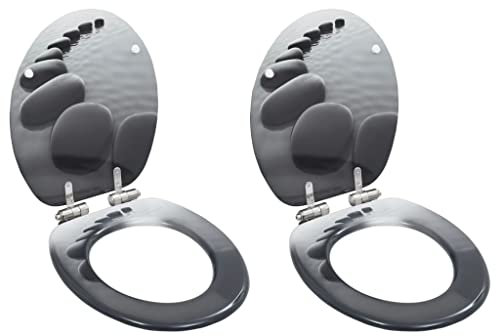 vidaXL 2x Toilettensitz mit Soft Close Deckel Stein-Design WC Sitz Brille Toilettendeckel Deckel Klodeckel Klobrille Toilettenbrille Klositz MDF