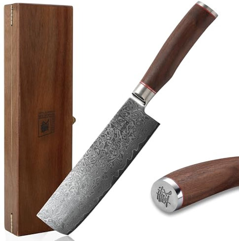 zayiko Kurumi Premium Nakirimesser mit 18 cm Klinge gefertigt aus 67 Lagen echtem Damaststahl mit Nussbaumgriff I Holzbox I Damastmesser Küchenmesser und Profi Kochmesser