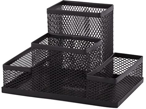 D.RECT Mesh Metal Desk Organiser – 4-Compartment Pen & Memo Holder – Black Office Desk Tidy for Stationery, Notes & Accessories – 103×154×103mm
