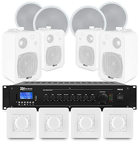 Power Dynamics Background Music System – Multi Zone Ceiling Speaker Kit with 4x Wall Mounted Speakers, 4x Ceiling Speakers, Amplifier, Bluetooth & Volume Control – Commercial Audio Solution