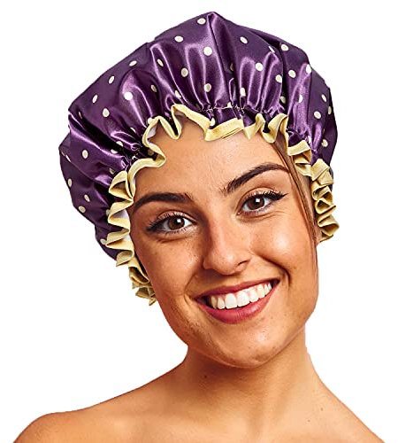 Bodylife Shower Cap Reusable Bath Cap Dual layered Waterproof Mulberry & Gold Polka Dot 27cm