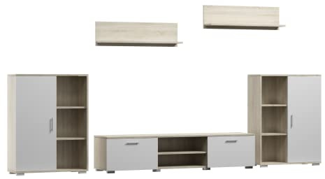 MATKAM Wohnwand Herkules II, Schrankwand Wohnzimmer Modern, Wohnzimmerschrank mit Fernsehtisch, Sideboard und Wandregal Wohnzimmer Komplett Möbel (Sonoma/Weiß)