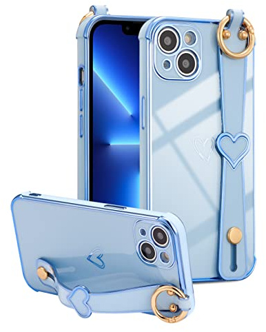 ZTOFERA Compatible with iPhone 13 Case with Wrist Strap, Flexible Silicone Protective Phone Case with Cute Heart Pattern Hand Strap Stand Finger Holder Gold Trim Shockproof Bumper Cover, Sierra Blue
