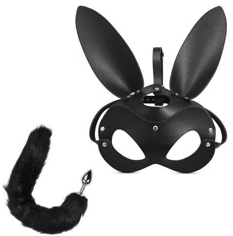 BDSM Hasenohren Maske Augenmaske mit Analplug Fuchsschwanz,Einstellbar GüRtel Augenbinde & Buttplug Schwanz Anal Dildo,Bondageset Fessel Set Paaren Cosplay Sex Spielzeug ab 18 für Paare Extrem Sex (A)