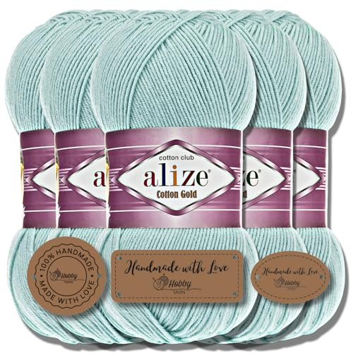 Hobby YARN 3x Etikettenlabel mit Alize Cotton Gold Wolle Premium 5x100g als Set, Yarn, Garn, Sommerwolle, Baumwolle, Strickgarn, Einfarbig, Baby, Kleidung, Schals (Mint - 522)
