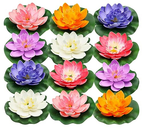 PietyPet 12pcs Floating Foam Lotus Flowers with Lily Pads, Artificial Pond Plants Ornaments for Pool Aquarium Water Decoration, Colorful