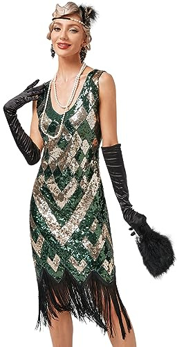 VILOREE Abendkleid Damen Kleid Flapper Ballkleider Cocktailkleid 1920's Art Deco Great Gatsby Party Vintage Retro Gold & Grün (49) 3XL