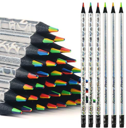 nsxsu Regenbogenstifte Kinder, 12 Stück 7 in 1 Mitgebsel Regenbogen Stifte, Bunte stifte Spaß Bleistifte Multi Farbe Bleistift für Zeichnung Färbung Skizzieren, Give Aways Kindergeburtstag vorgespitzt