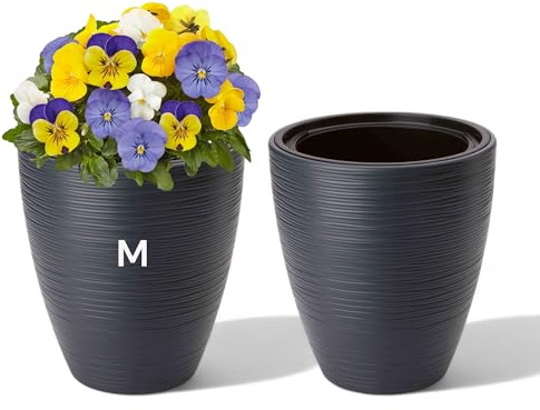 MELTOM Blumentopf Pflanzkübel Rund Hoch 32 cm Anthrazit mit Pflanzeinsatz | Ø 29 cm oben, 15,5 L, herausnehmbarer Einsatz 5,5 L mit Griffen, feines 3D-Wellenrelief, ohne Abflussloch, für innen