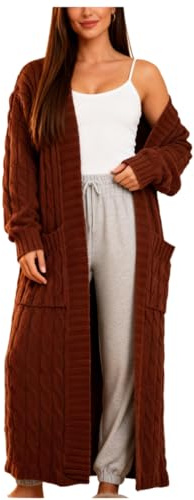 Shuanghao Women's Winter-Warm Fashion-Casual New-Sexy Sweater-Cardigan - Loose Long Sleeve Solid Color Oversized V- Neck Lightweight Cotton Knitwear Chunky Ribbed Pocket Long Coats Ladies UK Coffee XL