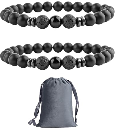 Agate Lava Stone Bracelet Set - Men's Jewelry, 8mm Black Bead Bracelets with Storage Bag