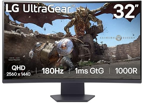 LG 32GS60QC-B Ultragear 32-inch Curved Gaming Monitor QHD (2560x1440) 180Hz 1ms 1000R AMD FreeSync HDR10 HDMIx2 DisplayPort Borderless Design Black Stabilizer DAS Crosshair FPS Counter - Black
