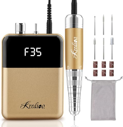 Kredioo Beginner Friendly Nail Drill 35000RPM for Gel Removal Nail Prep | Manicure Pedicure Acrylic Shaping Kit, Safe for Natural Nails, Rechargeable, 2000mAh, 7h Runtime, LCD Display, Gold