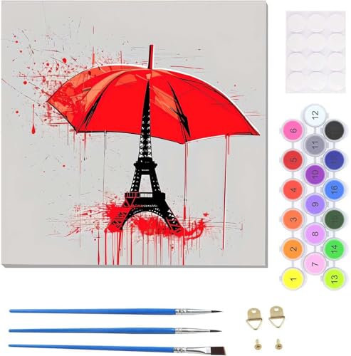 Malen Nach Zahlen Erwachsene Roter Regenschirm Eiffelturm Malen Nach Zahlen Kits auf Leinwand, Handgemalt Ölgemälde Leinwand Kits zur Heimdekoration, Pinseln Acrylpigment für Home Deko 35x35cm U-3459