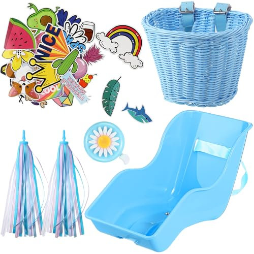 Aurelema Seggiolino per bicicletta per bambola con 30 adesivi adesivi, cestino per bicicletta per bambini, nastri colorati per manubrio, nappe, campanello per bici a margherita, accessori per bici per