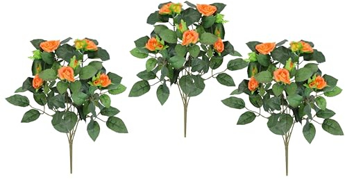 Flair Flower Rosal Artificial de 34 cm, Juego de 3 Rosas Artificiales, Ramo de Rosas Artificiales, Ramo de Rosas Silvestres, decoración de Boda, Color Naranja