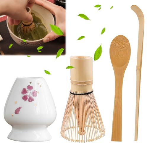 Juego de té matcha 4 piezas: Juego de escoba matcha con batidor de matcha, cuenco de cerámica Matcha, 2 cucharas de matcha, accesorios matcha tradicionales japoneses Matcha Set