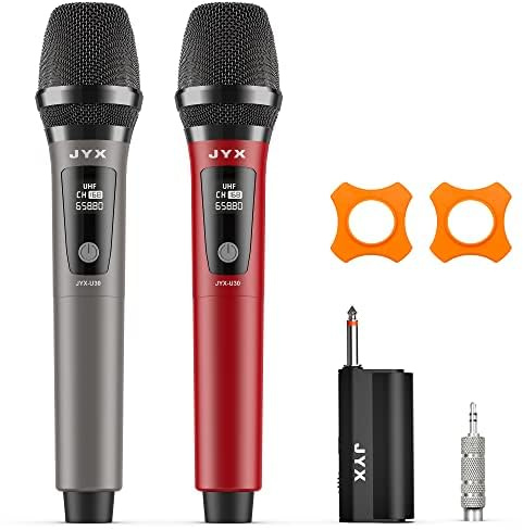 JYX Dual UHF Wireless Microphones with Rechargeable Receiver - Handheld Dynamic Mics, 160ft Range, 6.35mm & 3.5mm Adapters, for PC, Karaoke Speaker, Parties, Weddings, Classes, Speeches, Party