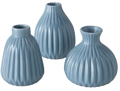 Seaside No.64 - Mini Steingut Blumenvase in Riffeloptik - 3er Set mit unterschiedlichen Formen - Deko im Scandi Style für Gräser und Blümchen - Tischdekoration Hochzeit modern (blau)