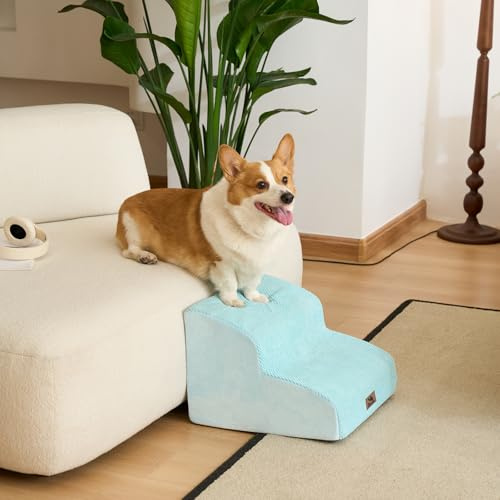 Dripex Hundetreppe 2 Stufen für kleine Hunde & Katzen, gebogen, rutschfest, hochdichter Schaum, für Möbel bis 33cm, sofort einsatzbereit 40×40×30cm Blau