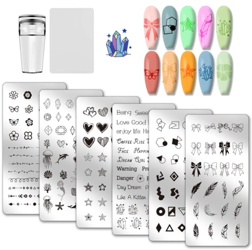 PH PandaHall 6pcs Bow Flower Nail Stamping Plates Heart Star Print Nail Stencils Word Sea Animals Manicure Art Templates Geometric Lines Patterns Nails Art Stencils for Women Manicures Salon Design
