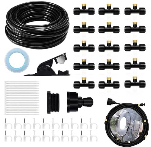 Xmart 75 pcs Système Refroidissement Brumisation 15m Kit D'Irrigation Kit Arrosage Goutte à Goutte Système de Brumisation Tuyau Brumisateur Exterieur pour Jardins Patios Parasols Toits
