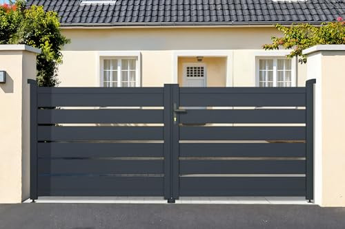 CASANOOV Portail Battant Aluminium VOGEL 392 x 125 cm - 4 x 1,2 m - 5 m² Gris Anthracite RAL7016 Ajouré Moderne Résistant Vent Entrée Maison Jardin Sécurisé Durable Gonds Roulement Serrure Barillet
