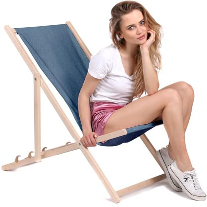DreamRoots Liegestuhl Klappbar Holz - Klappliegestuhl mit 3-Fach Verstellbarer Rückenlehne - Strandliege Bis 130 kg Belastbar - Jeans-Optik UV-Beständiger 220g/m² Waschbarer Polyesterbezug