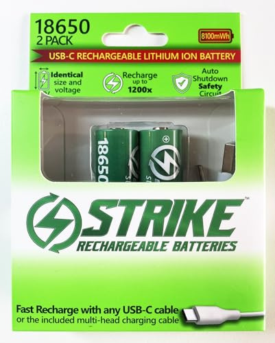 18650 Battery Lithium Protected BMS 2 Pack Smart LED 3.7V 8100mWh USB-C Rechargeable with Charging Cable, No Charging Box Needed!