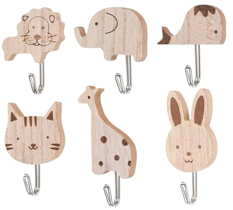 WGCHAIE 6 Stück Holz-Tier-Wandhaken, Süße Tier Kleiderhaken, Kleiderhaken Kinder, Katzen, Löwen, Kaninchen, Giraffen, Elefantenform, Kleiner Wal, Für Kinderzimmer, Schlafzimmer, Dekor