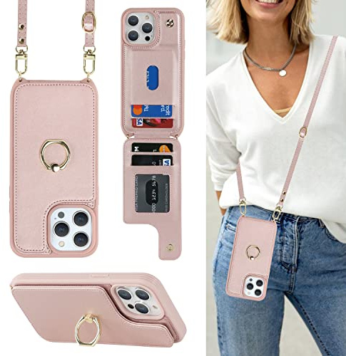 Cavor Phone Case Compatible with iPhone 15 Pro Case With Card Holder With Strap,Flip Leather Wallet Case with Lanyard,Ring Kickstand Shockproof Cover Case for iPhone 15 Pro - Rose gold