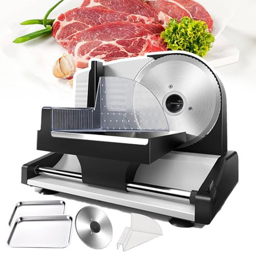 Cortador eléctrico de carne, hoja de acero inoxidable de 19 cm, 200 W para uso doméstico, ajuste de grosor de 0 a 1,5 cm, incluye 2 bandejas y empujador de alimentos para cortar carne, jamón y pan