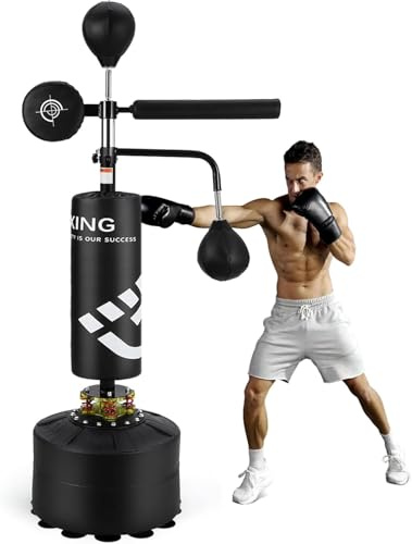Virimolo Boxsack Erwachsene 5 in 1 Höhenverstellbarer Freistehender Standboxsack Mit 3 Reflexbällen Und 360°-Drehstange, Trainer Stehboxsack Mit Saugfuß Für Reaktionstraining, Taekwondo, MMA