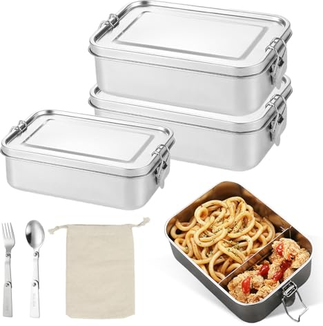 TOATELU Set di 2 contenitori per il pranzo in acciaio inox 304 da 550 ml + 1400 ml, con divisorio, a prova di perdite, per adulti, per ufficio, scuola, con posate pieghevoli e borsa per il trasporto