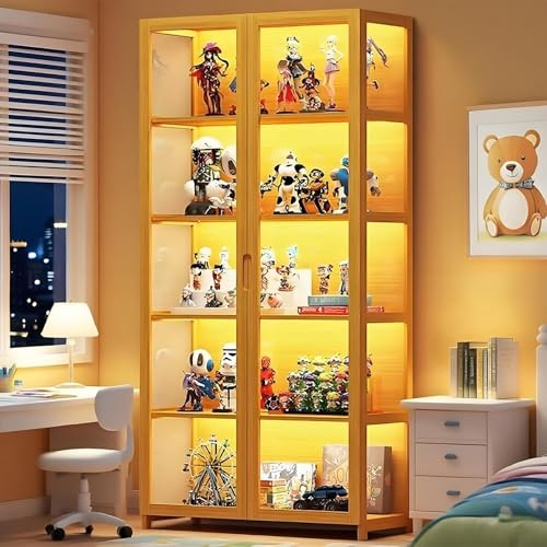 Scribora Standvitrine mit Acrylglas, 5 Böden Glas Vitrinenschrank, Dreiseitiger Transparenter Geschirrschrank, Bücherschrank mit Türen, für Wohnzimmer,Schlafzimmer,Büro (Doppeltür braun)