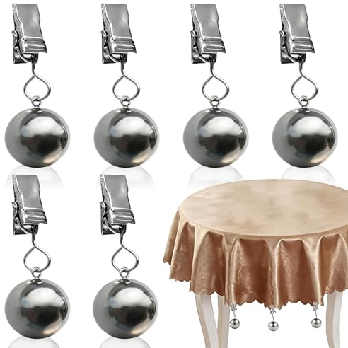 Dengthrive Tischdeckenbeschwerer, 6 Stück Tischtuchbeschwerer Rostfreie Edelstahlkugeln mit Clips Gardinen Beschwerer Unten Tischdeckenklammern für Vorhänge Camping Gartenflaggen Outdoor-Picknicktisch
