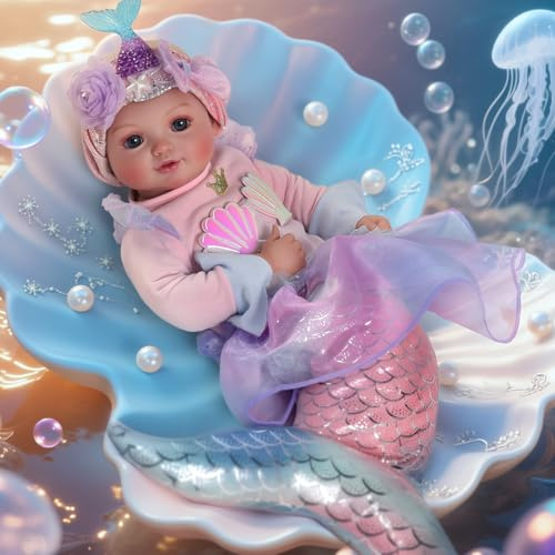 BABESIDE Poupée Bébé Sirène Fille 35 cm Corps Doux | Queue de Sirène et Accessoires, Jouet Fantastique, Pour Enfants dès 3 Ans, Cadeau Anniversaire et Noël