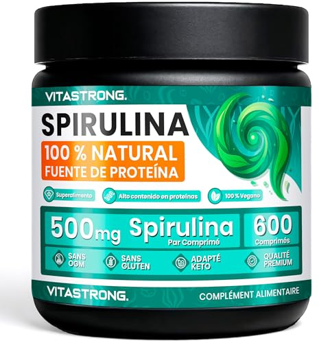Spirulina Comprimidos Vitastrong, 3000 mg por Dosis, 600 Comprimidos de Alga Espirulina 100% Vegana y Alta en Proteínas, Suplemento Alimenticio de Larga Duración Sin Gluten ni OGM