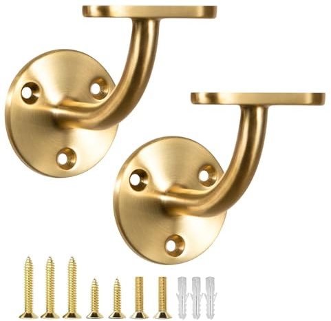 Paquete de 2 soportes planos ajustables para pasamanos, acero inoxidable 304, acabado PVD, soporte de pasamanos de pared (dorado)