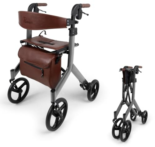 Parvum Vesta Rollator - Leicht (6,3kg), faltbar - Mit integriertem Bremssystem, gepolsterter Sitz- und Rückenlehne, Tasche, Stockhalter - Ideal für Alltag - Gehhilfe für Senioren - Silber