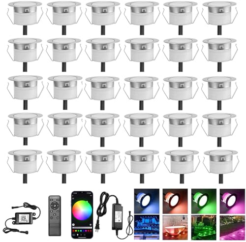 Smart WiFi LED Deck Lights 30 Pack, APP Control RGB Outdoor Lighting for Patio Deck Steps Landscape, Φ1.22 Low Voltage 12V Recessed Deck Lights Waterproof IP67,Compatible with Alexa/Google Home