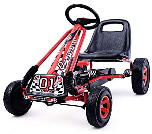 COSTWAY Go Kart a Pedali per Bambini, con Sedile Regolabile e Freno a Mano, Go Kart Veicolo per Bambini 3-8 Anni, Portata Massima 30 kg (rosso)