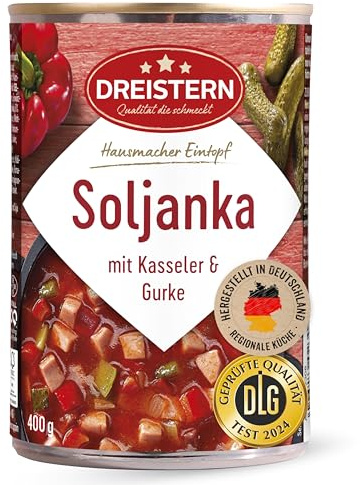 DREISTERN Soljanka 400g I Mit Kasseler & Gurke I Herzhafter Eintopf in recyclebarer Konservendose I Lange Haltbarkeit dank natürlicher Konservierung I Hausmacher Qualität