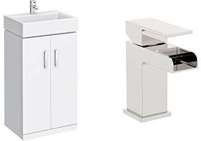 VeeBath Linx High Gloss White 450mm Compact Cloakroom Vanity Unit with Waterfall Designer Chrome Basin Mixer Tap + Waste (Assembled)