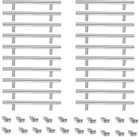 Hollylife Pack 20 Stainless Steel T bar Handle Kitchen Handles Cup Board Cabinet Drawer Pulls Furniture Wardrobe Brushed Nickel Door Knobs with 40 Screws (200mm Long / 130mm Hole Centres) Reusable