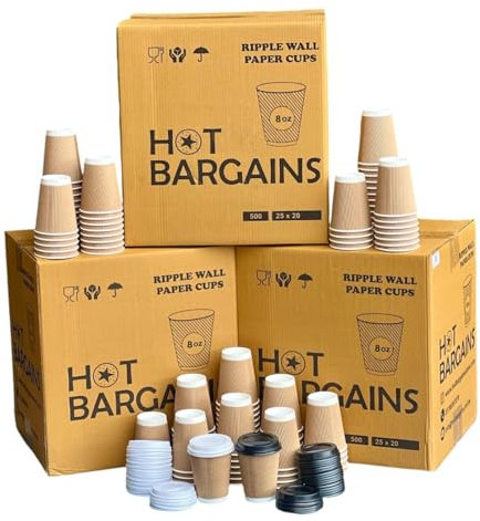 HOT BARGAINS - Kraft Triple Walled Disposable Paper Ripple Cups - 200 X 8oz/ 230ml, Hot Drink Cups + Lids